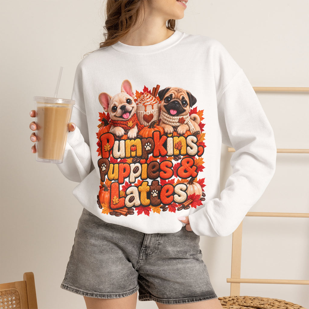 Puppies & Pumpkins  Sweatshirt – "Pumpkins Puppies & Lattes" Cute Autumn Frenchie & Pug Graphic