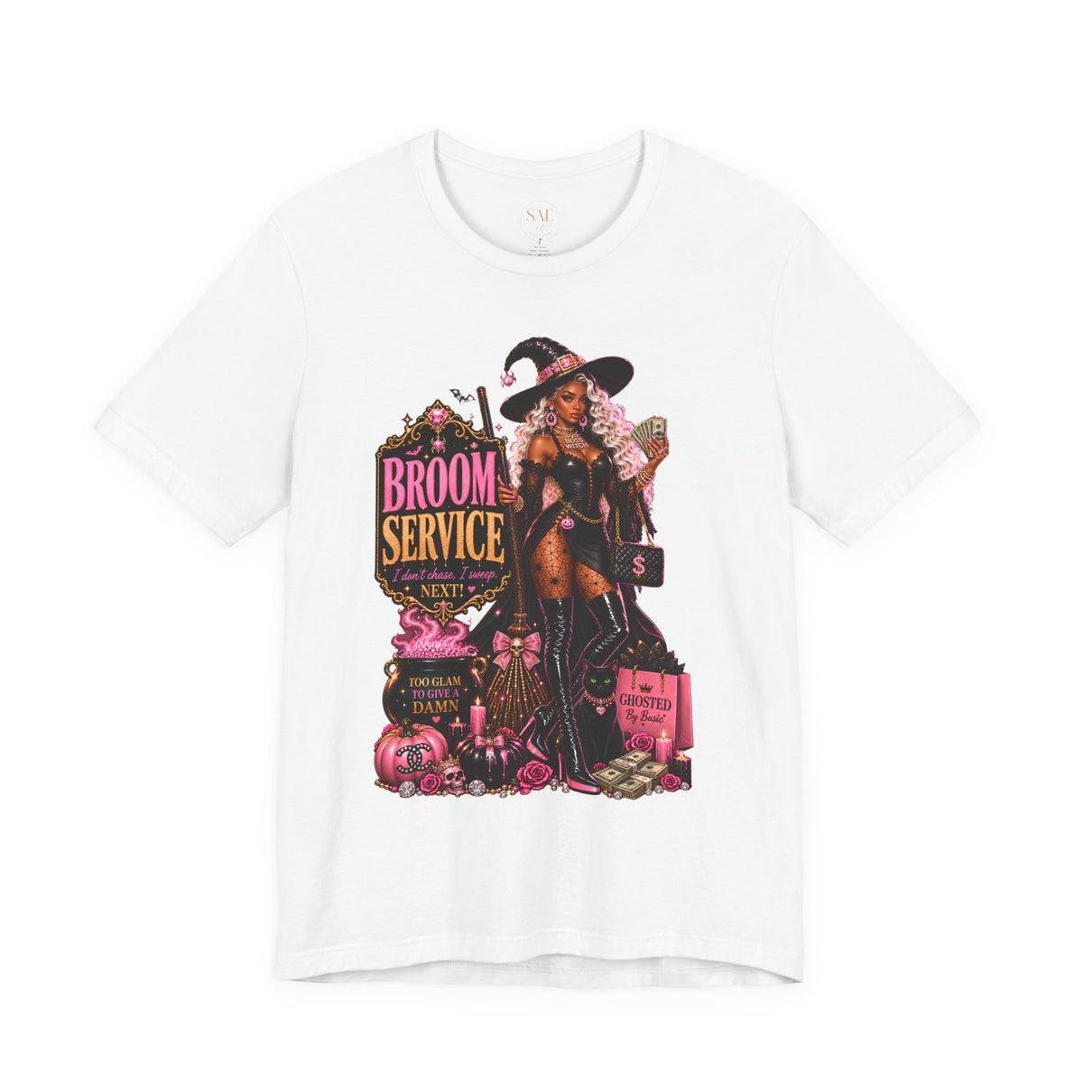 Broom Service Halloween Graphic Tee – Glam Witch T-Shirt for Women