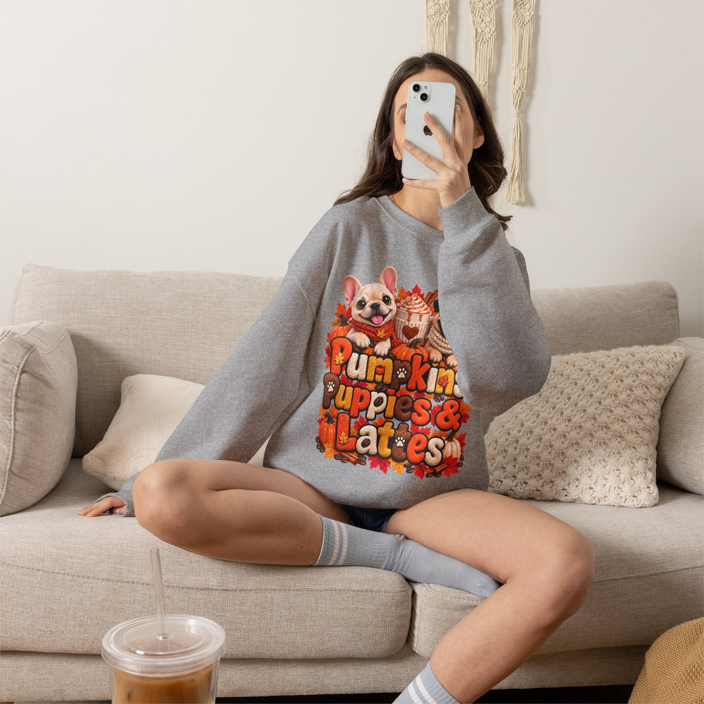 Puppies & Pumpkins  Sweatshirt – "Pumpkins Puppies & Lattes" Cute Autumn Frenchie & Pug Graphic