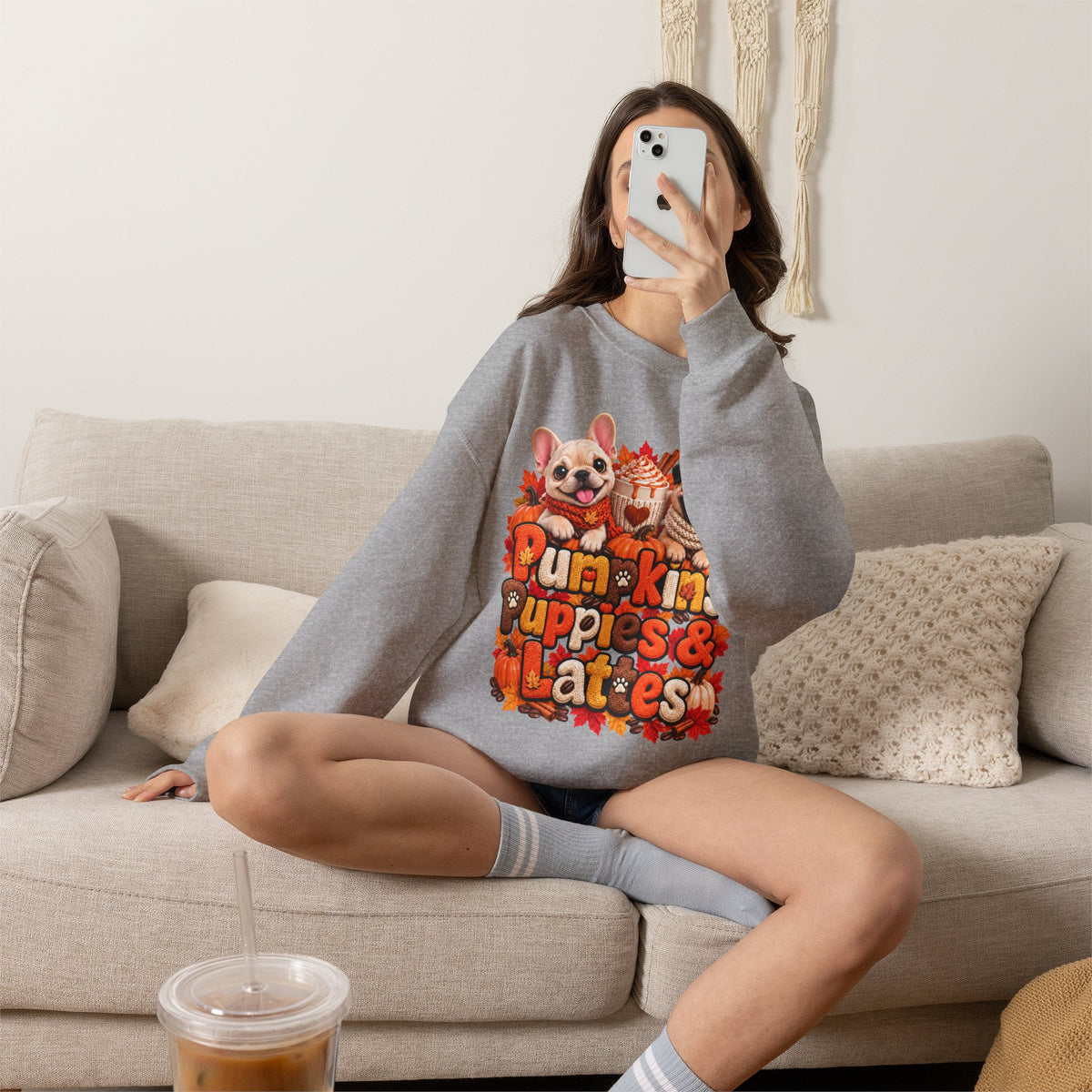 Puppies & Pumpkins  Sweatshirt – "Pumpkins Puppies & Lattes" Cute Autumn Frenchie & Pug Graphic
