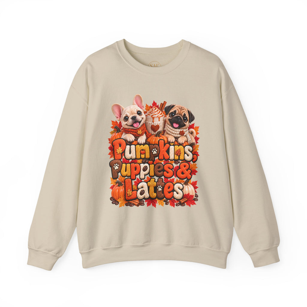 Puppies & Pumpkins  Sweatshirt – "Pumpkins Puppies & Lattes" Cute Autumn Frenchie & Pug Graphic