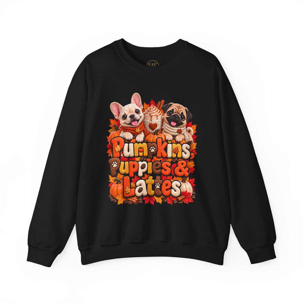 Puppies & Pumpkins  Sweatshirt – "Pumpkins Puppies & Lattes" Cute Autumn Frenchie & Pug Graphic