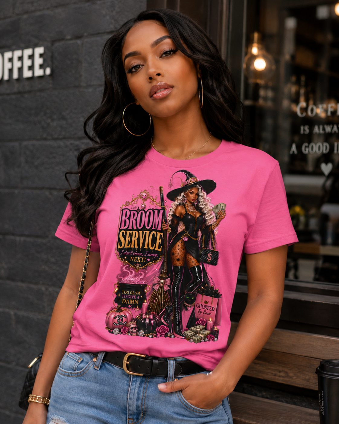 Broom Service Halloween Graphic Tee – Glam Witch T-Shirt for Women