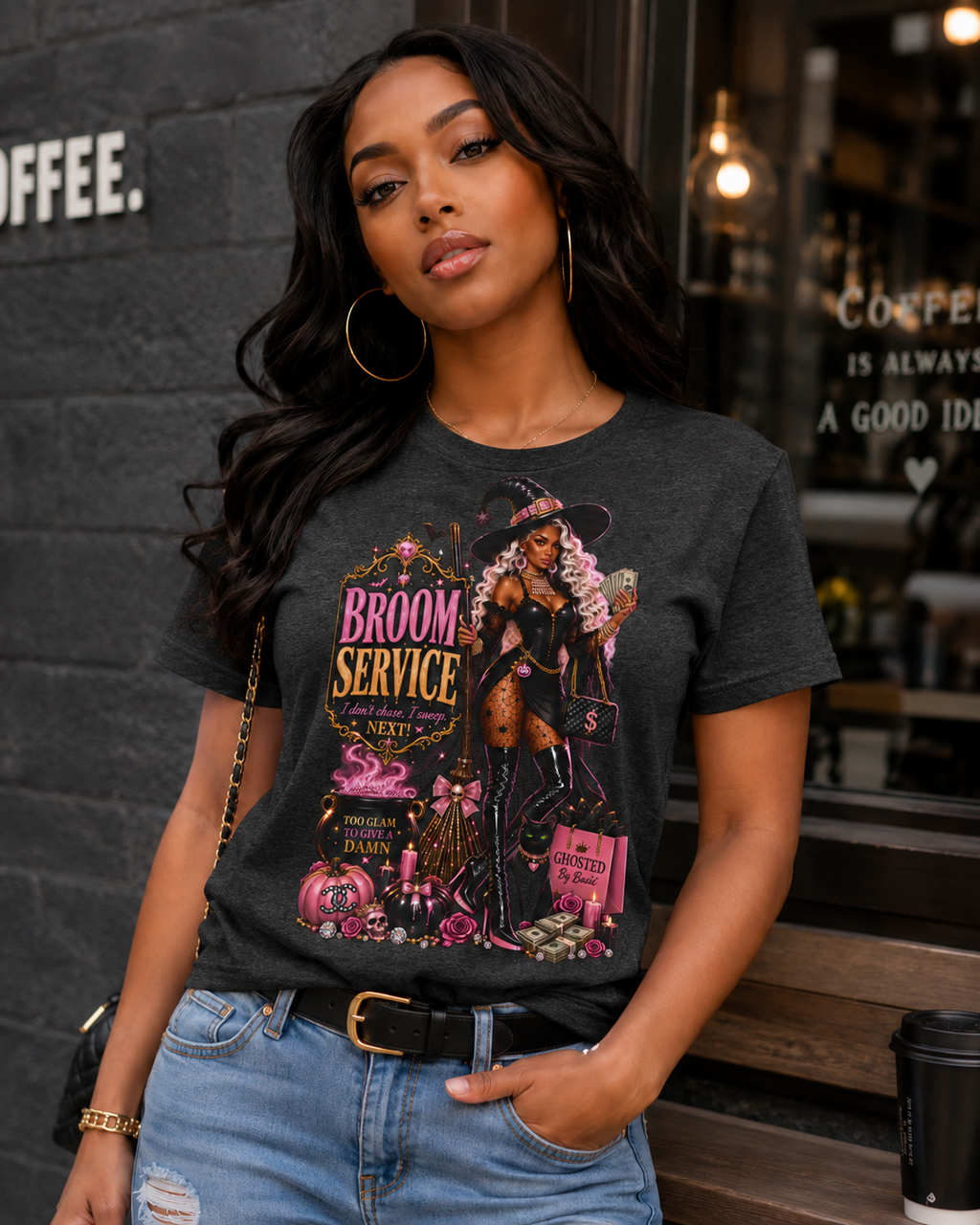Broom Service Halloween Graphic Tee – Glam Witch T-Shirt for Women
