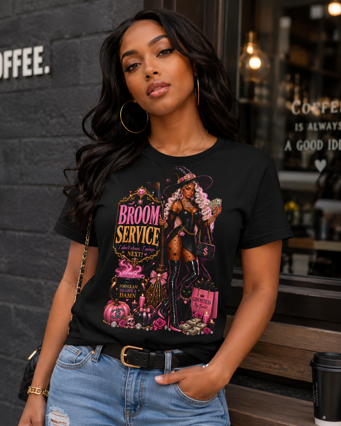 Broom Service Halloween Graphic Tee – Glam Witch T-Shirt for Women