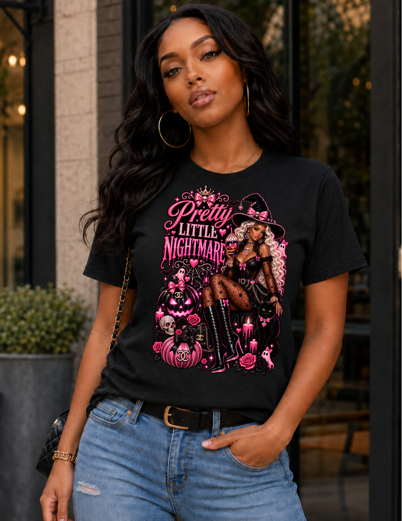 Cute But Haunted Witch T-Shirt — Gothic Pink Halloween Tee