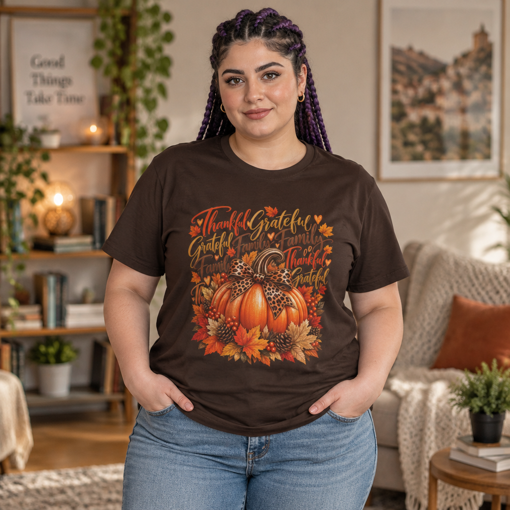 Thankful Grateful Family Pumpkin T-Shirt — Thanksgiving Fall Harvest Tee