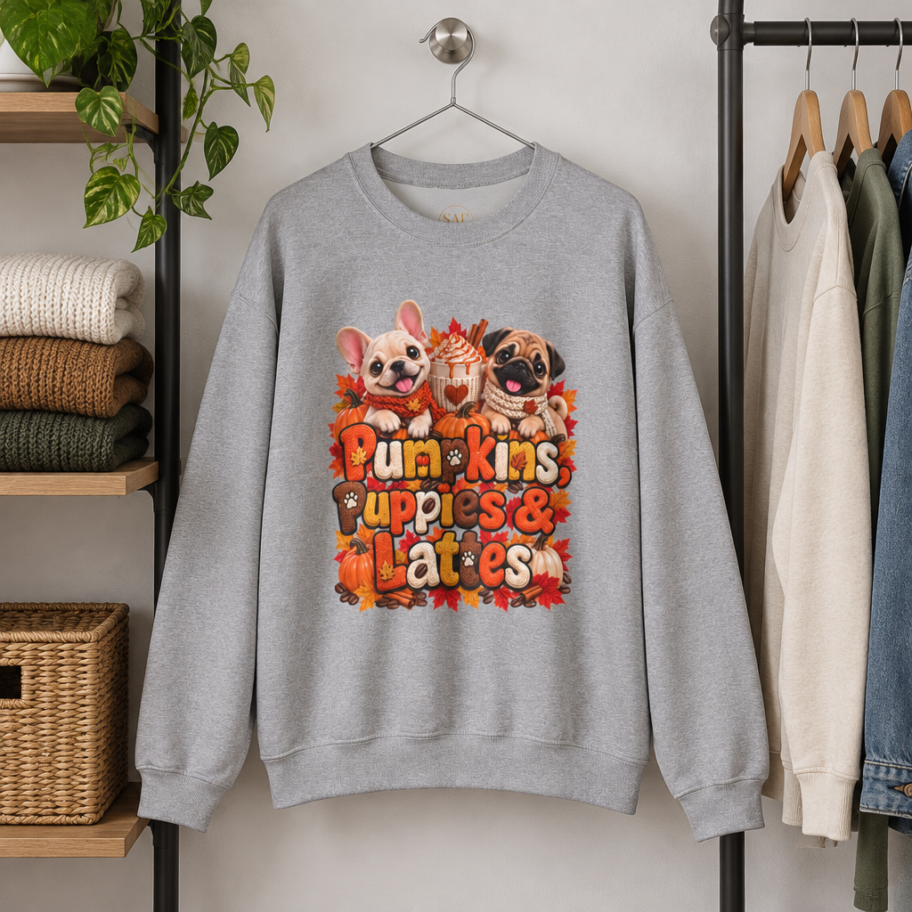 Puppies & Pumpkins  Sweatshirt – "Pumpkins Puppies & Lattes" Cute Autumn Frenchie & Pug Graphic