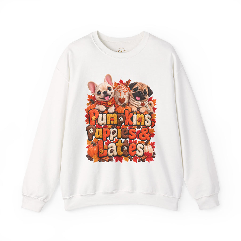 Puppies & Pumpkins  Sweatshirt – "Pumpkins Puppies & Lattes" Cute Autumn Frenchie & Pug Graphic