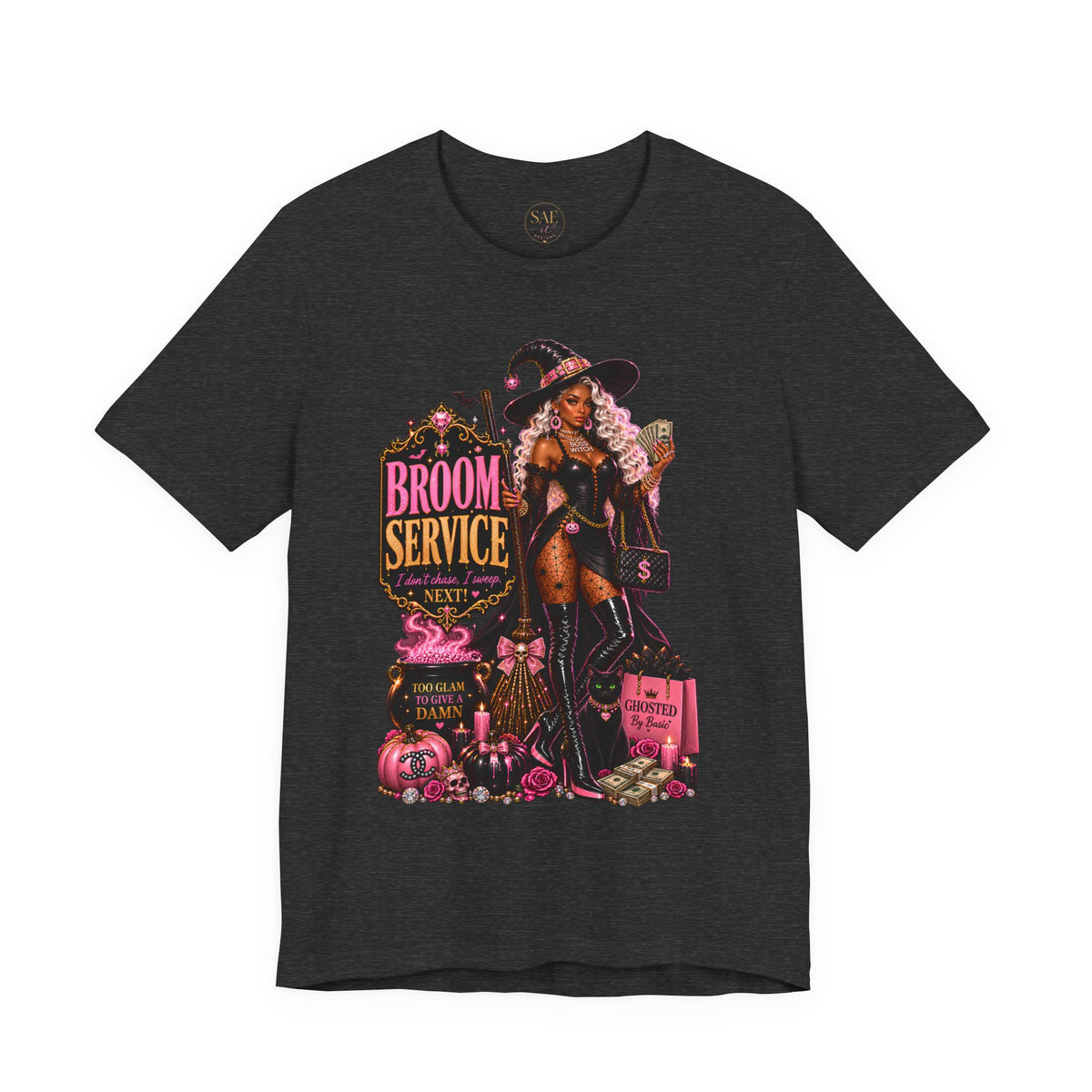 Broom Service Halloween Graphic Tee – Glam Witch T-Shirt for Women
