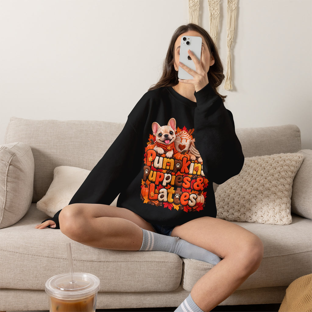 Puppies & Pumpkins  Sweatshirt – "Pumpkins Puppies & Lattes" Cute Autumn Frenchie & Pug Graphic