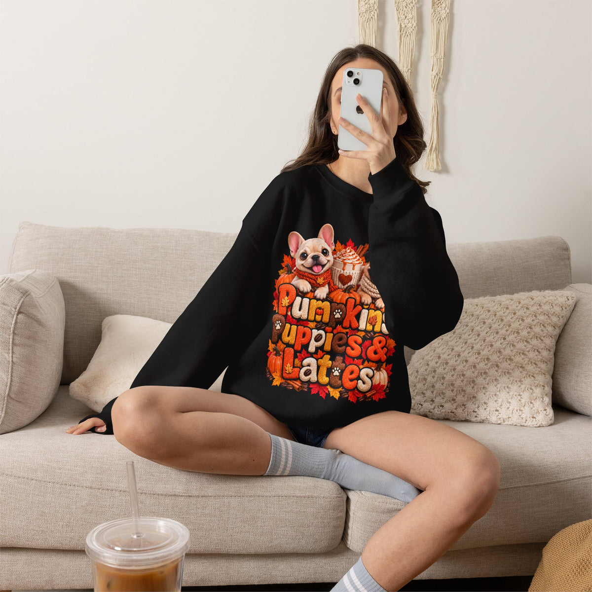 Puppies & Pumpkins  Sweatshirt – "Pumpkins Puppies & Lattes" Cute Autumn Frenchie & Pug Graphic