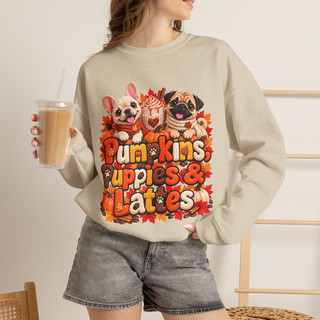 Puppies & Pumpkins  Sweatshirt – "Pumpkins Puppies & Lattes" Cute Autumn Frenchie & Pug Graphic
